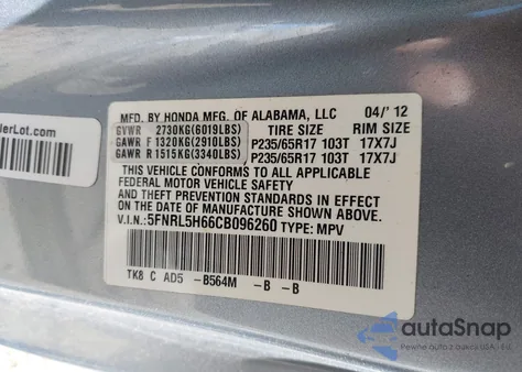 2012 Honda Odyssey Ex-L из США, поврежденный, VIN 5FNRL5H66CB096260